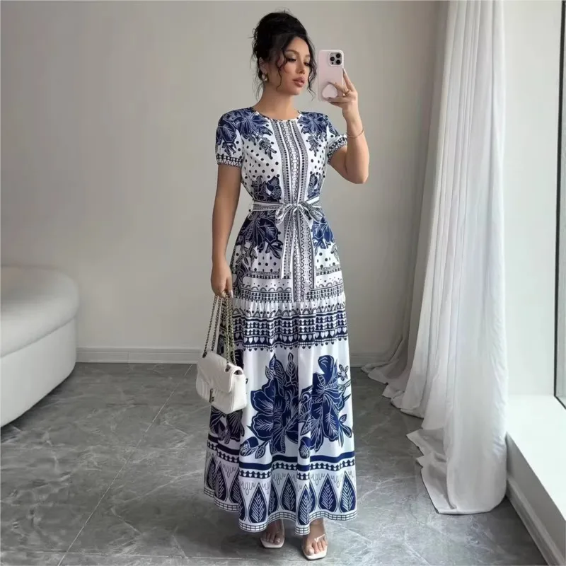 Boho-Urlaubskleid für Damen, lässig, bedruckt, kurzärmelig, O-Ausschnitt, hohe Taille, Schnürung, lockere Kleider, für Urlaub und Party