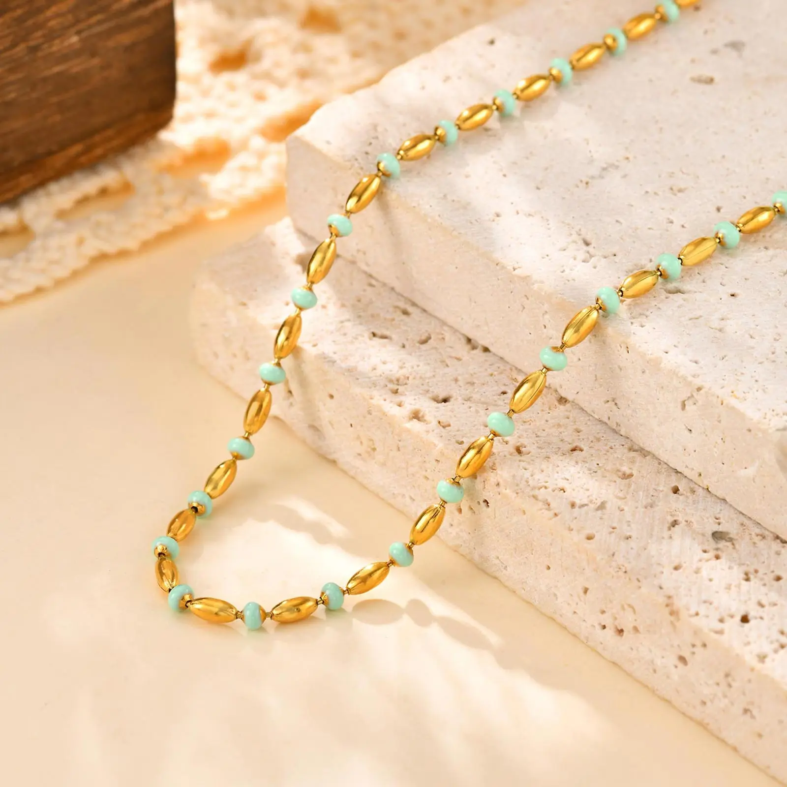 

Boho Green Two Tone Beaded Necklace for Women, Stainless Steel Gold Plated Chain Necklace, Minimalist Fashion Jewelry Gift