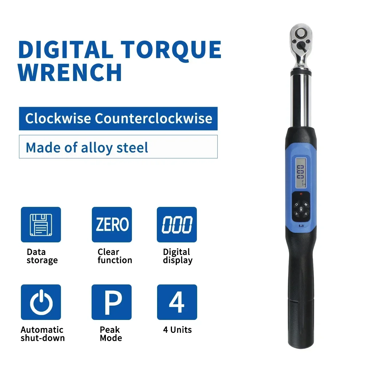 Shahe1/2\'\' Electronic Torque Wrench Double-side Bidirectional Ratchet Head Adjustable Torque Wrench Digital AWJ4