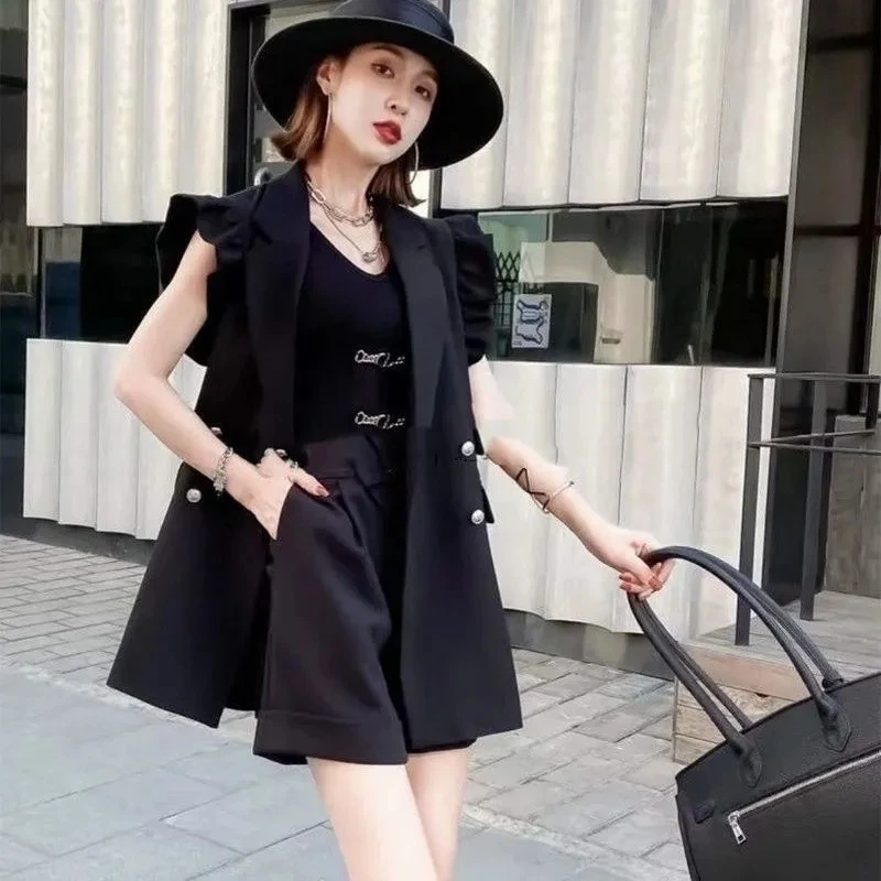 Suit Vest Women Fashion Ruffled Edge Design Vintage Casual Korean Sleeveless Jacket Loose Female Wild Solid 2023 Black Waistcoat