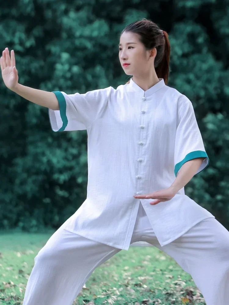 

Summer Breathable Short Sleeve Kung Fu Shirts Wing Chun Training Vintage Sport Tops Martial Arts Taichi Uniform Cotton And Linen