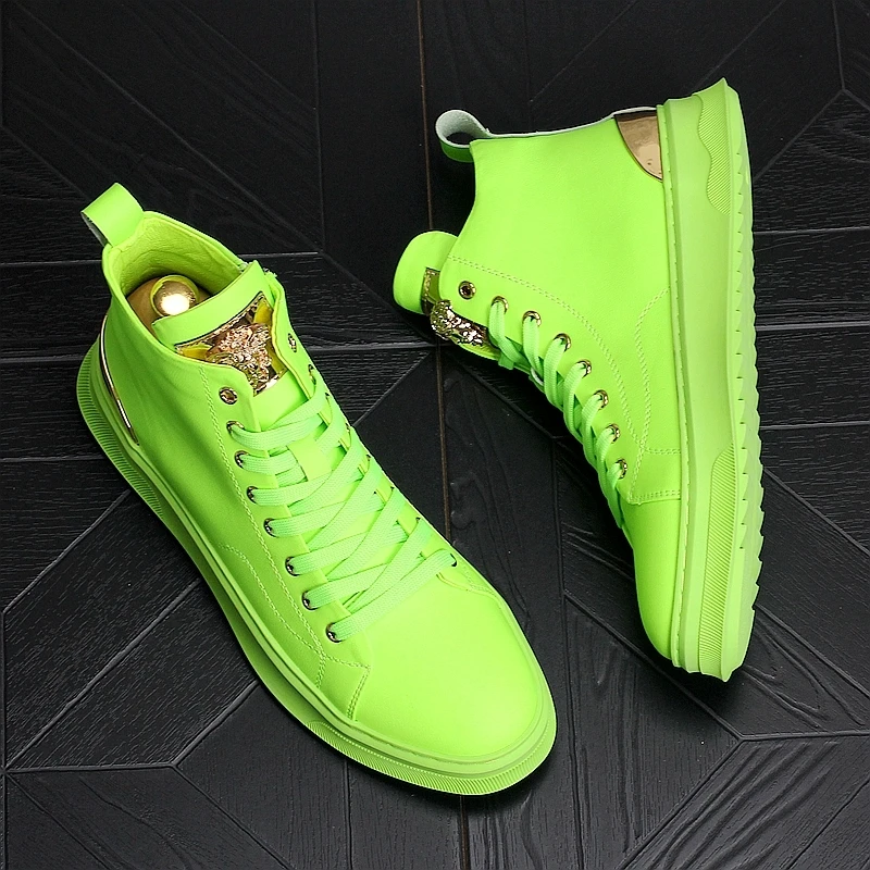 Men\'s New designer thick soled green high top casual shoes tide ankle boots middle help leather boots youth casual shoes A6