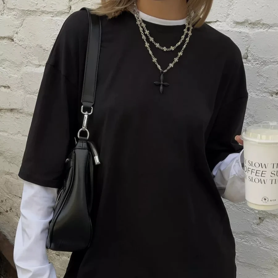 

Casual Women's Retro Round Neck Long Sleeve T-shirt Loose Color blocked Hoodie Fashion Fake Two piece T-shirt