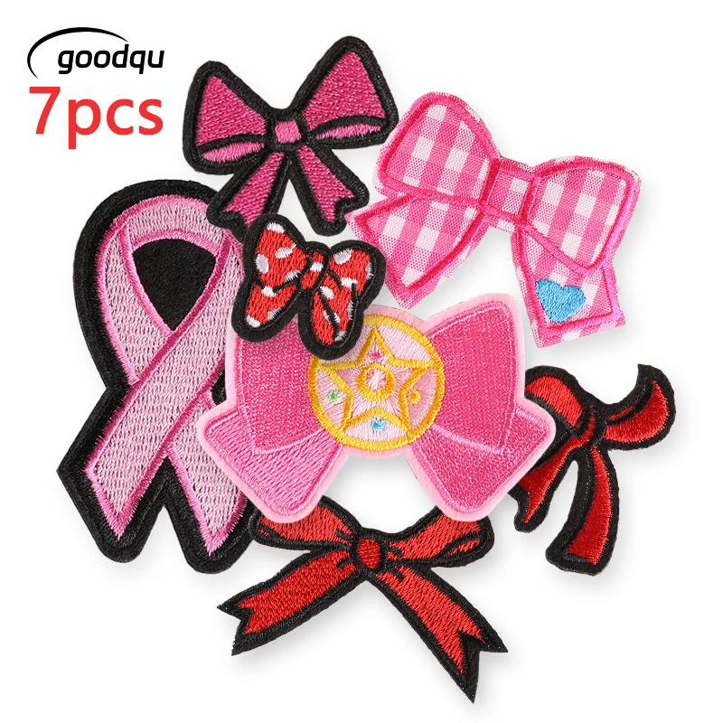 7 Stück Schleifen-Patches in Rosa und Rot, niedliche Aufbügelpatches für Kleidung, bestickte thermoadhäsive Aufkleber für Mädchen, zum Aufnähen auf Jacken, Stoffe, DIY – Detail 1