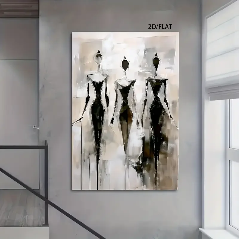 2D Flat, 1pc Large Abstract Canvas Painting - Modern Minimalist Black, Beige, White, and Gray Women Silhouettes - Frameless Wall