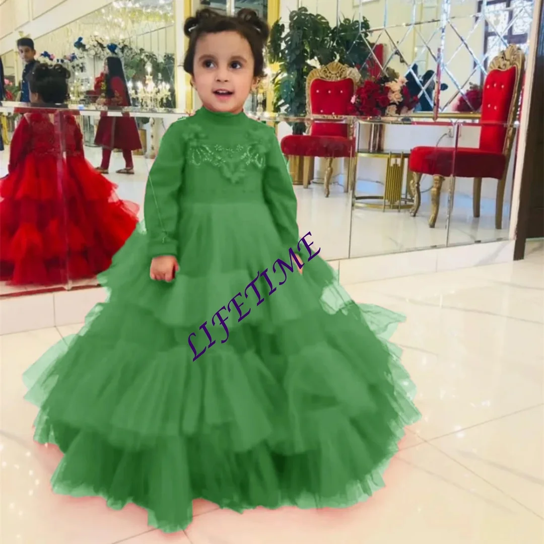 Cristalli O Collo Applique Manica lunga Una linea Piega Abito da ragazza di fiori Lunghezza pavimento Elegante abito da prima comunione Personalizzato