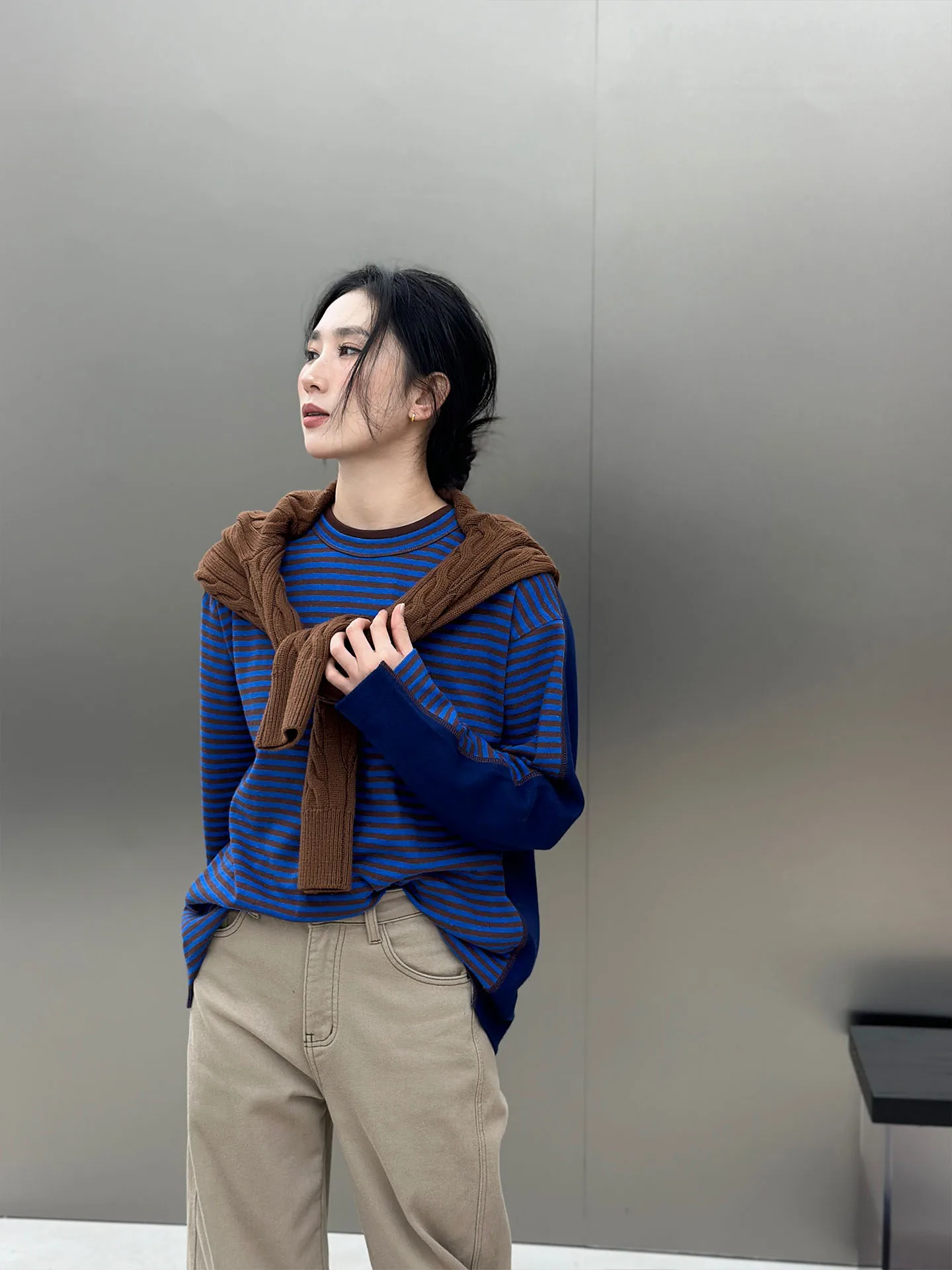 

Винтажный полосатый шерстяной свободный топ Bodhl с круглым вырезом, женский повседневный, удобный, дышащий, свободного кроя