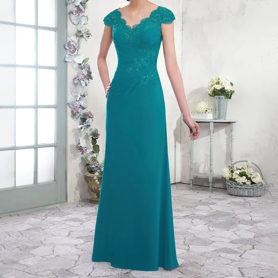 

2026 Mother of the Bride Dress Hunter Blue Party Dress V-Neck Zipper Back Chiffon Floral Applique with Sequins Beads Party Dres