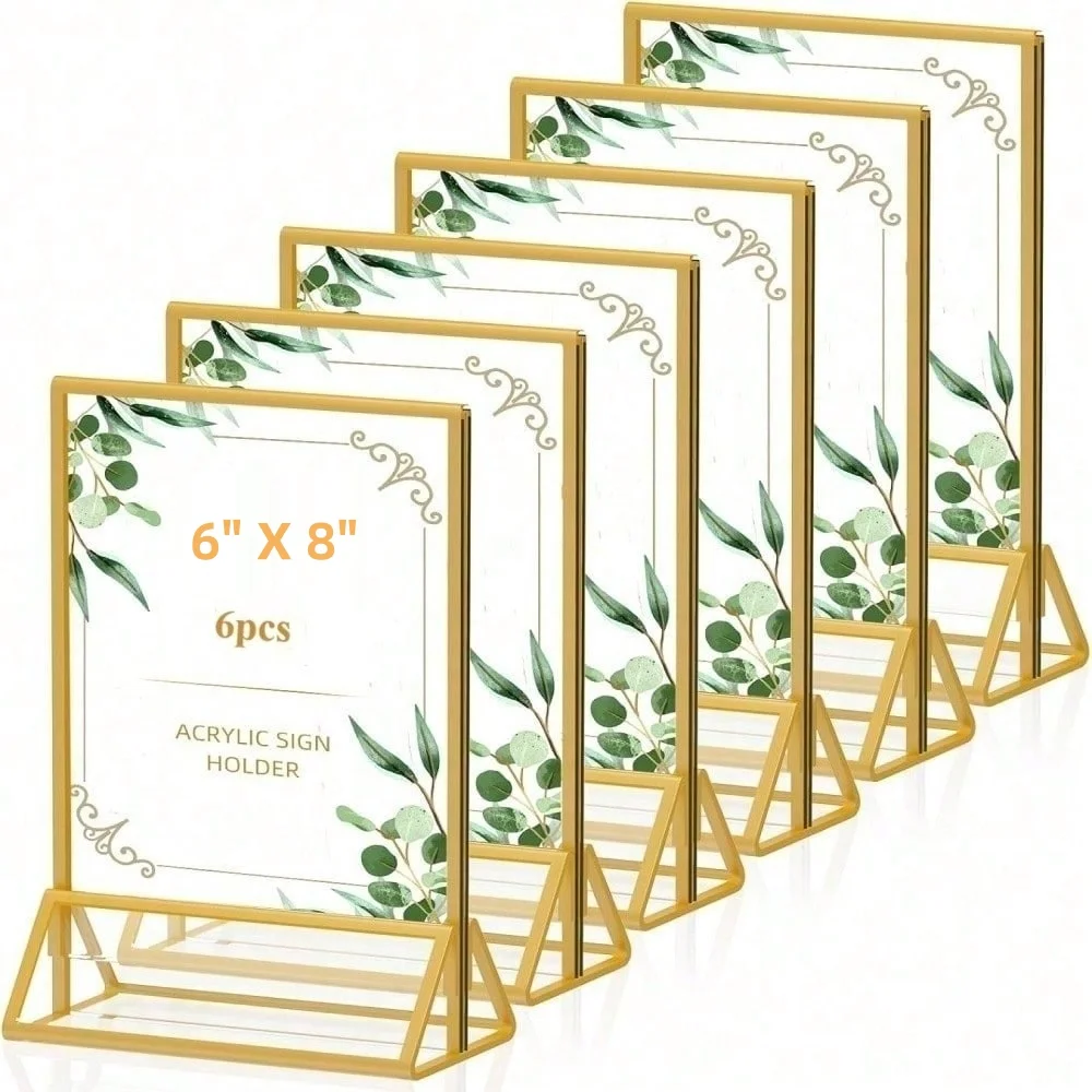 Pack of 6 6x8 Gold Picture Frame Double-Sided Acrylic Sign Holders for Wedding Table Numbers Menu Boards 6x8 Photo Frame
