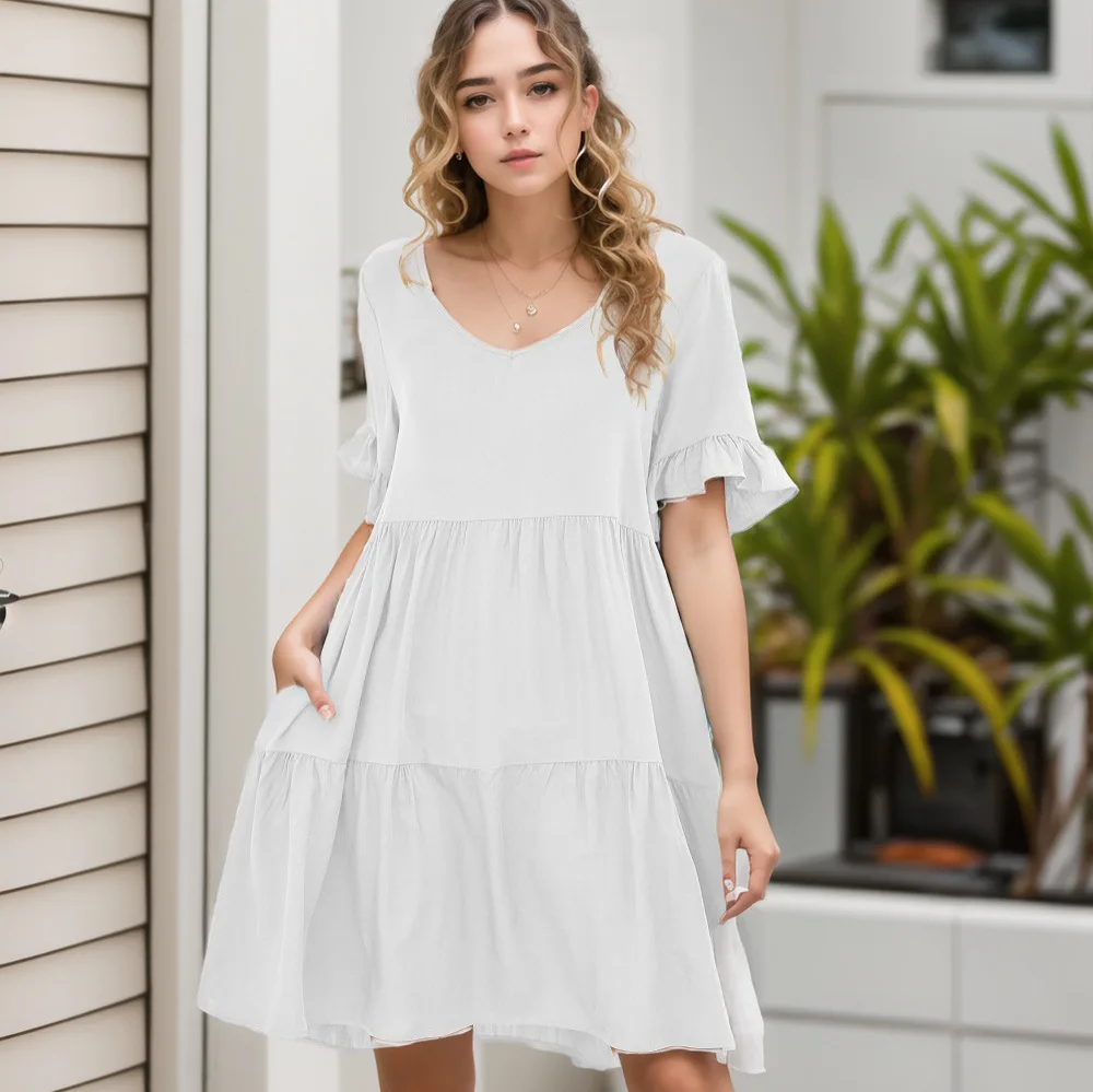 Novo feminino europeu americano verão casual com decote em v babydoll vestido babados de três camadas