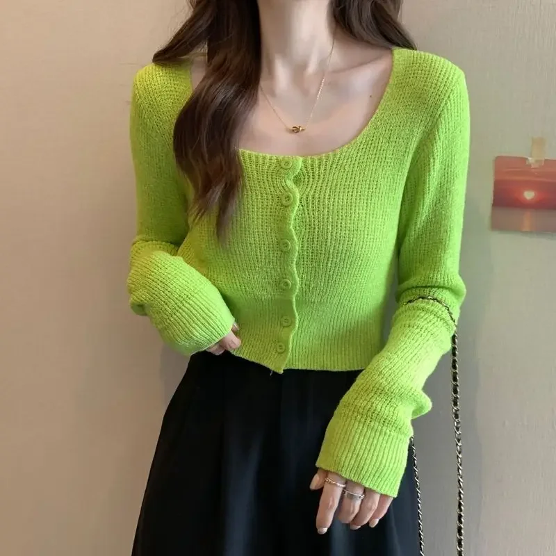 Xiaoxiangfeng Square Neck Sweater Knitted Sweater Women's Autumn New French Temperament Celebrity Slim Versatile Short Top Tide