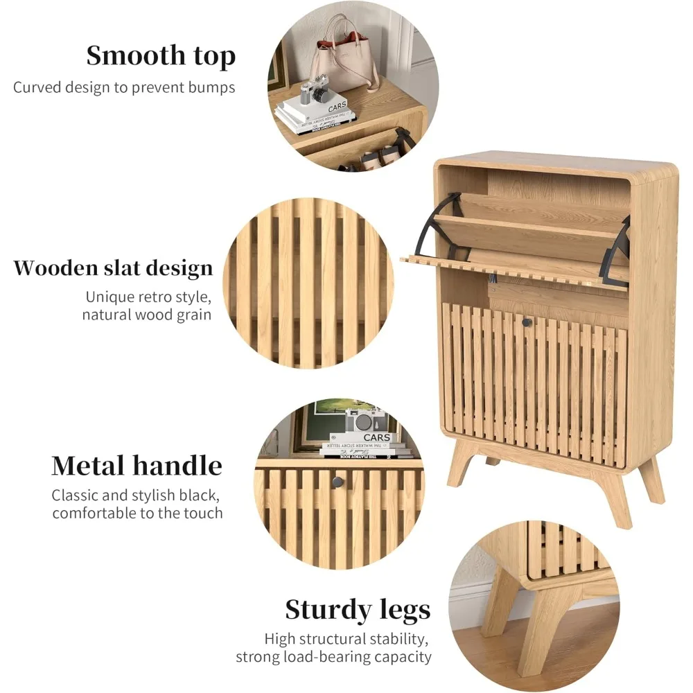 خزانة أحذية رفيعة حديثة للمدخل مع درجين قابلين للطي، رف منظم خشبي مخدد