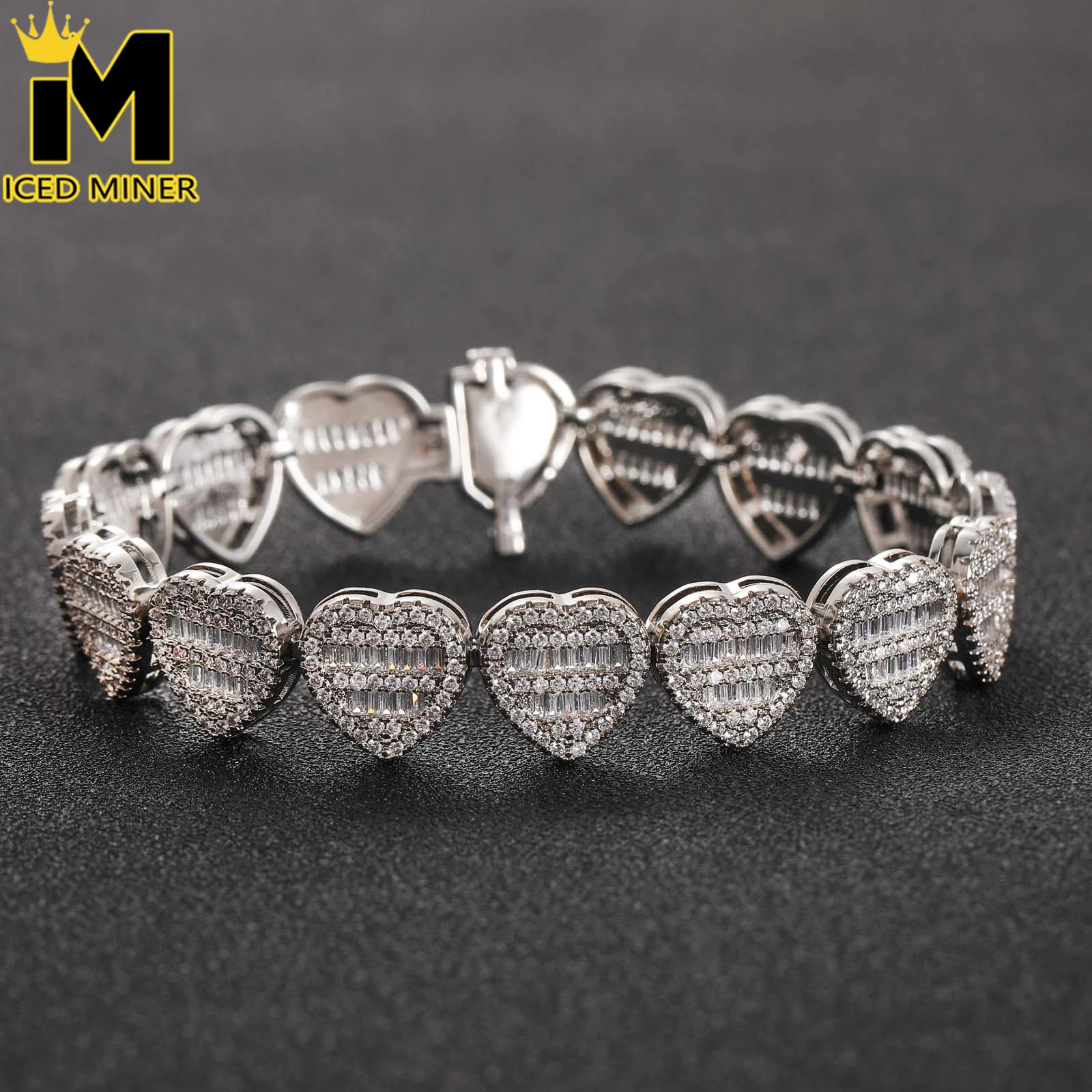 12mm Baguettes Love Heart Bracelet Hand Chain Diamond Zircon Iced Out For Men Women Fashion Copper Hip Hop Jewelry Free Shipping