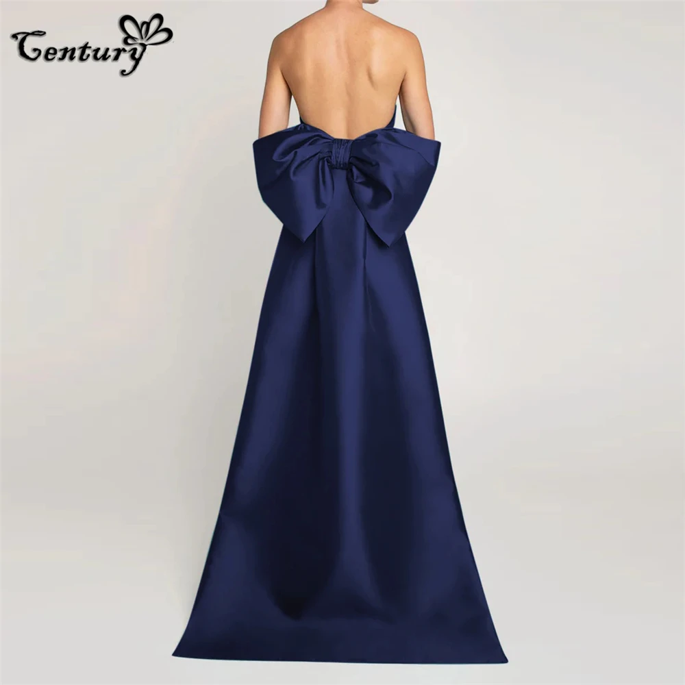 Sky Blue Prom Dress Long Detachable Train Big Bow Strapless Backless Satin Evening Party Gowns Robe De Soiree Customized