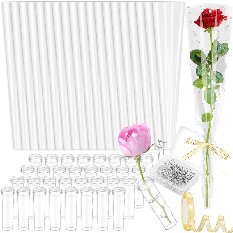 

Пакет для цветов на День святого Валентина: упаковка для одного цветка с розовым рукавом, водонепроницаемой трубкой, бриллиантовой булавкой и лентой