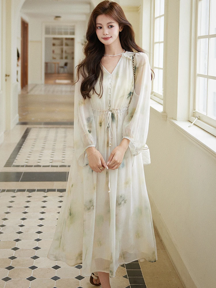 2025年新作プリントダイヤモンドVネックロングドレス レディース エレガントカジュアルホリデードレス 春秋 韓国風ボディコンボウバンデージドレス プロムドレス