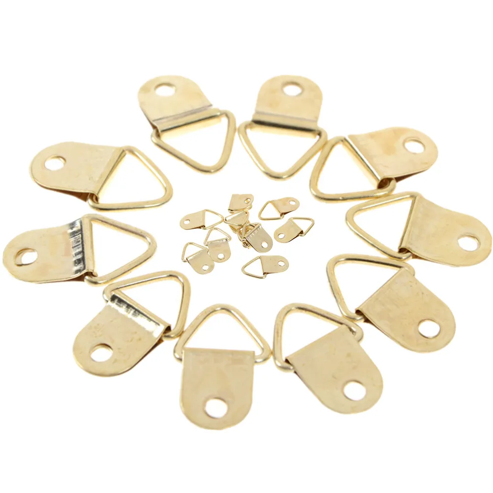 10Pcs D Ring Hooks Golden Brass Triangle Photo Picture Frame Wall Mount Hangers