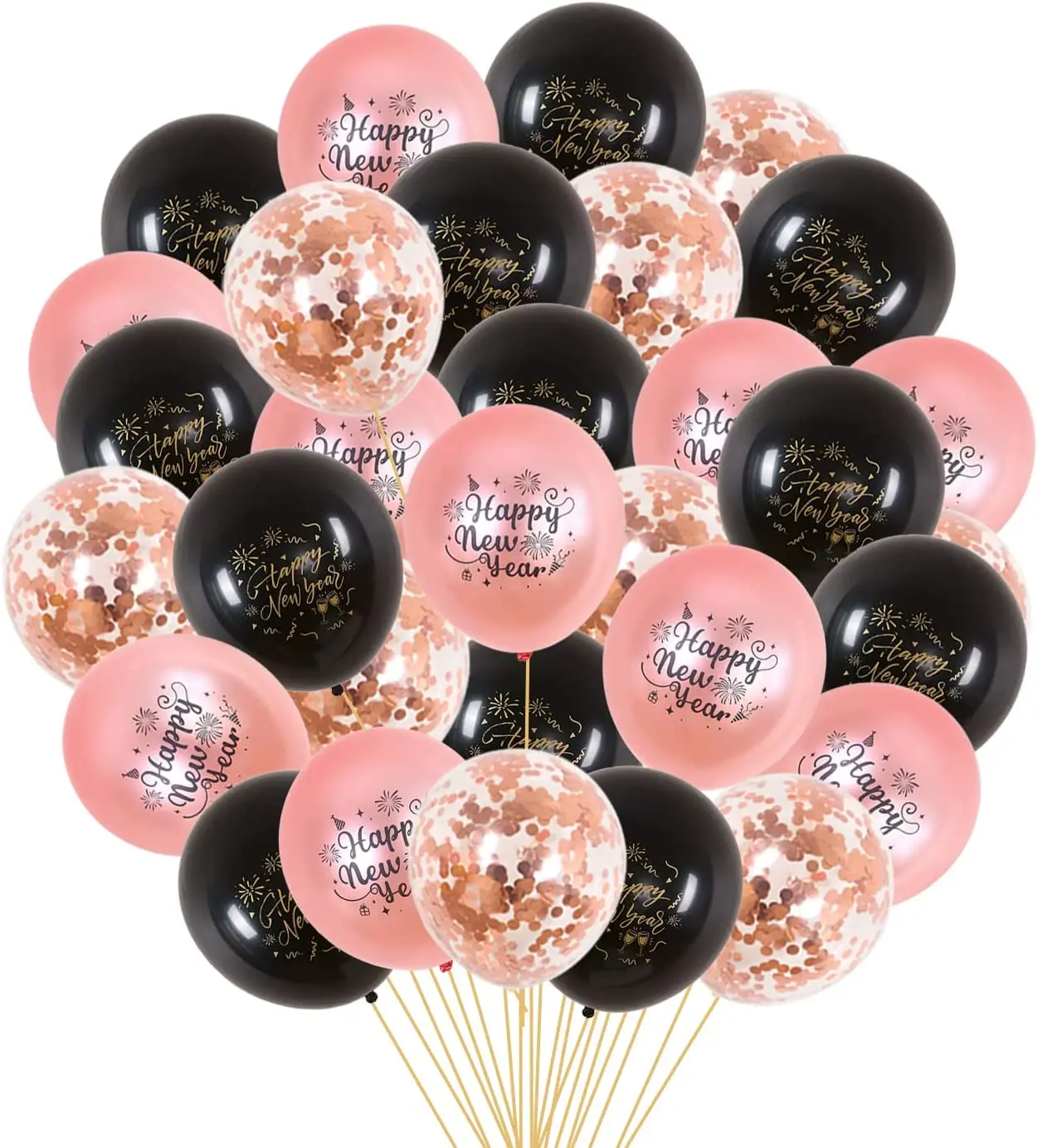 Sursurprise-Happy New Year Balloons Set, Rose Gold and Black, Decorations for New Years Eve, Party Supplies, 40Pcs