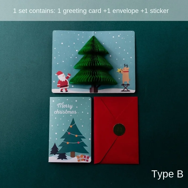 3D Santa Snowman Christmas Tree Greeting Card with Envelope Party Invitation Gift New Year Postcard