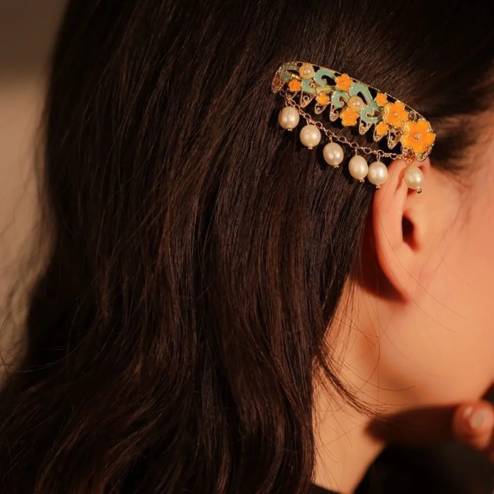 Burnt Blue Pearl Hairpin Female Side Bangs Back of Head Hairpin Headgear Hand-woven High-end Fashion Bijoux Chinois  Accessories