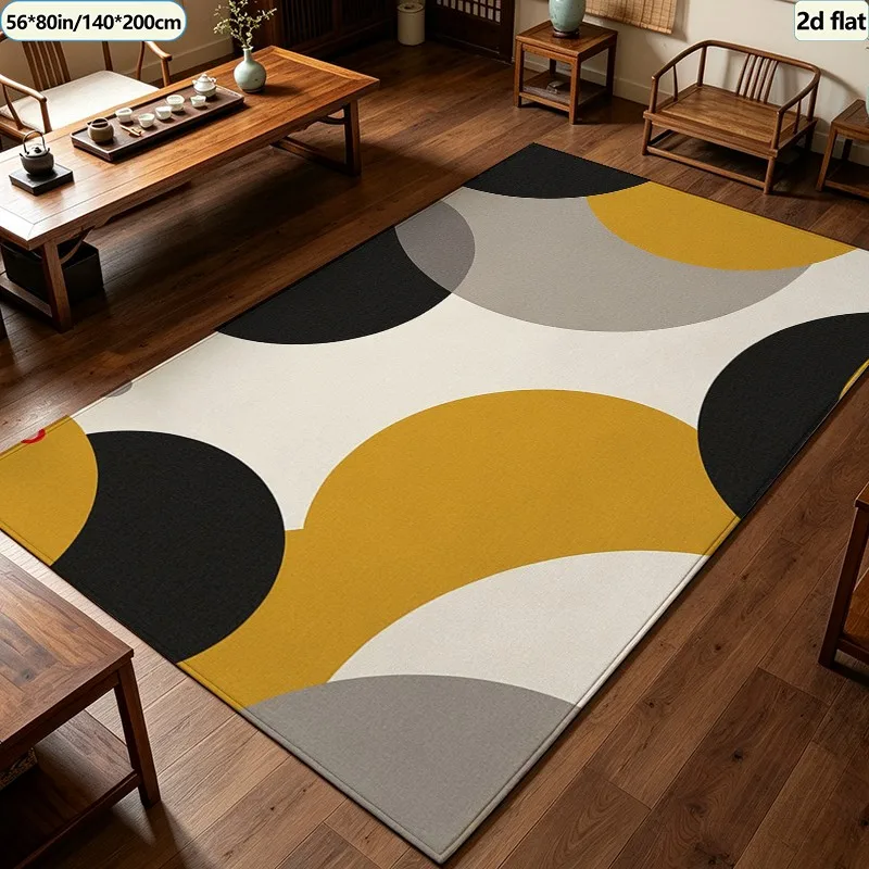 Mid Century Overlapping Circle Carpet Flooring, Mustard Yellow Black Grey Abstract Area Rug Non‑Slip Floor Mat for Bedroom Office Home Decor