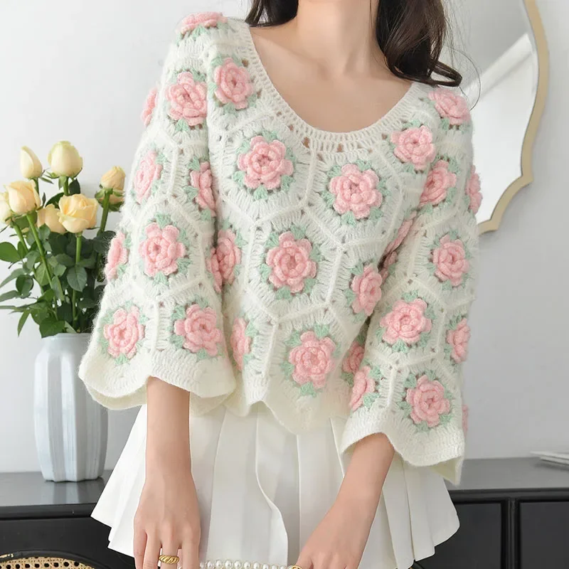 Hand Hook Crochet Floral Sweaters for Women, Quality Pullovers, Raglan Flare Sleeve Jumpers, Tops, Spring and Summer, 2024