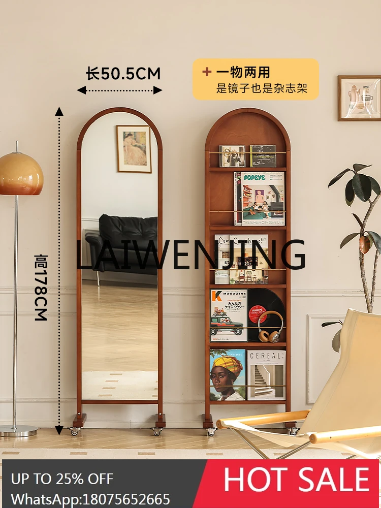 Solid Wood Dressing Movable Mirror Full Body Floor Mirror Storage Magazine Rack the Newspaper Stand