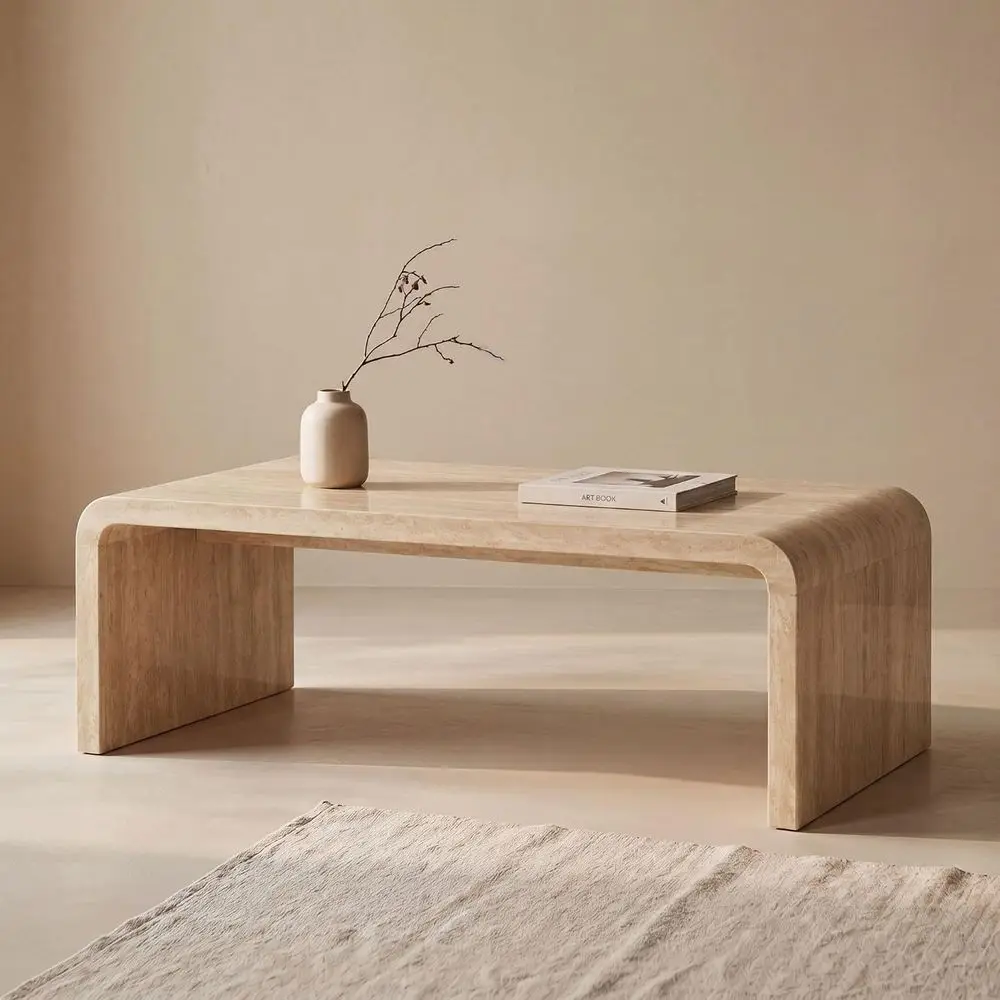 47 Travertine Waterfall Coffee Table with Scandinavian Style, Sturdy Wood, Thick Legs, Easy Assembly