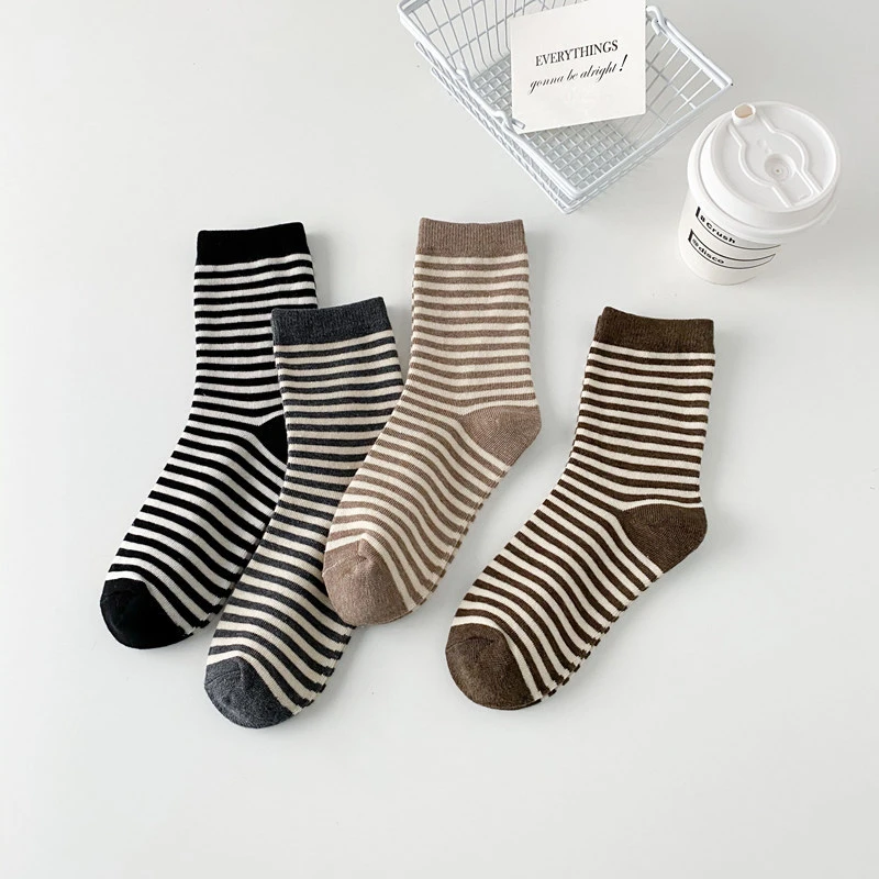 New Women Stripe Cotton Cute Sock Four Season Casual Lady Middle Tube Black White Socks For Women