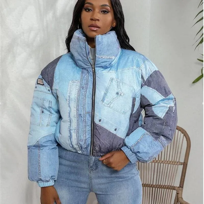 

New 2023 Women Winter Denim 3D Print Puff Crop Parkas Warm Thick Down Turtleneck Zipper Bread Jacket Coats Clothes