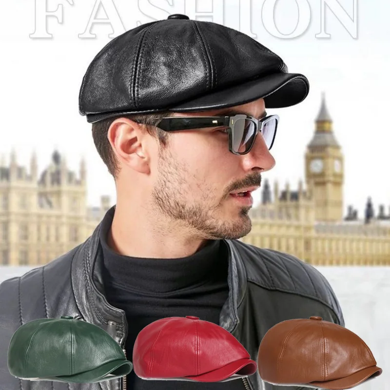 Retro trendy Octagonal PU Hat Men's Beret Elegant Fashion Student Tongue Cap artistic youth Beret hat men's retro painter hat