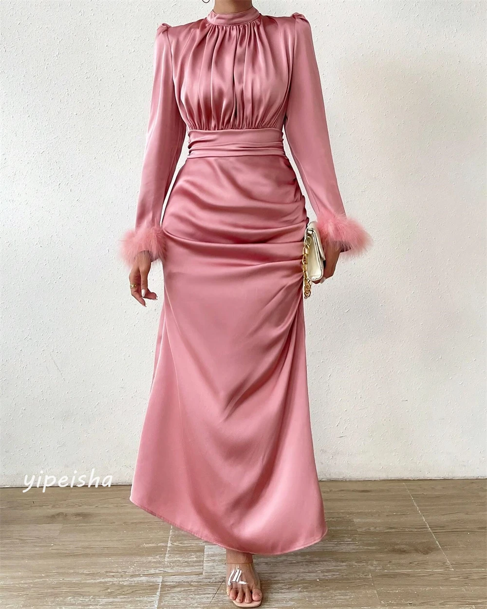 Customized S Feather Ruched Homecoming A-line High Collar Bespoke Occasion Gown Midi Dresses