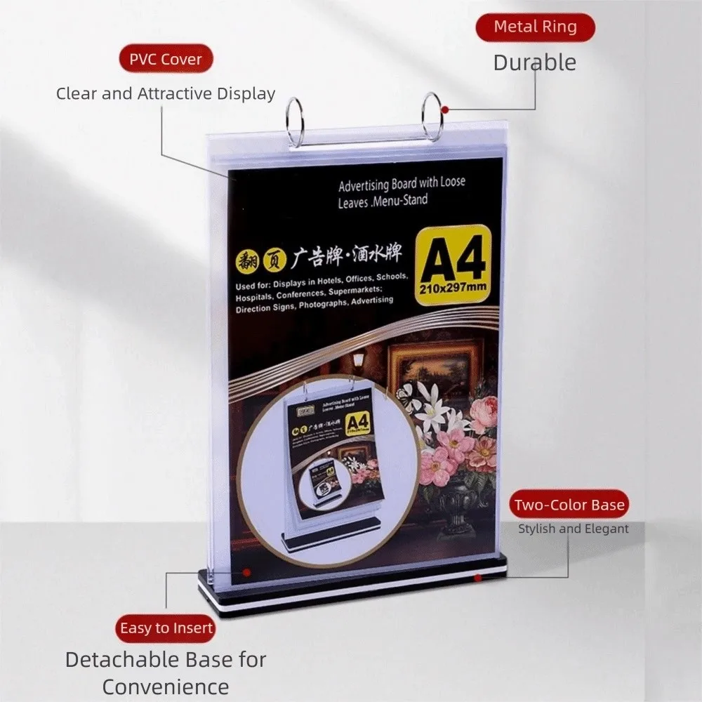 Clear PVC Menu Display Stand A4/A5 Waterproof Tabletop Loose-leaf Rack Sturdy Base Horizontal/Vertical Poster Holder
