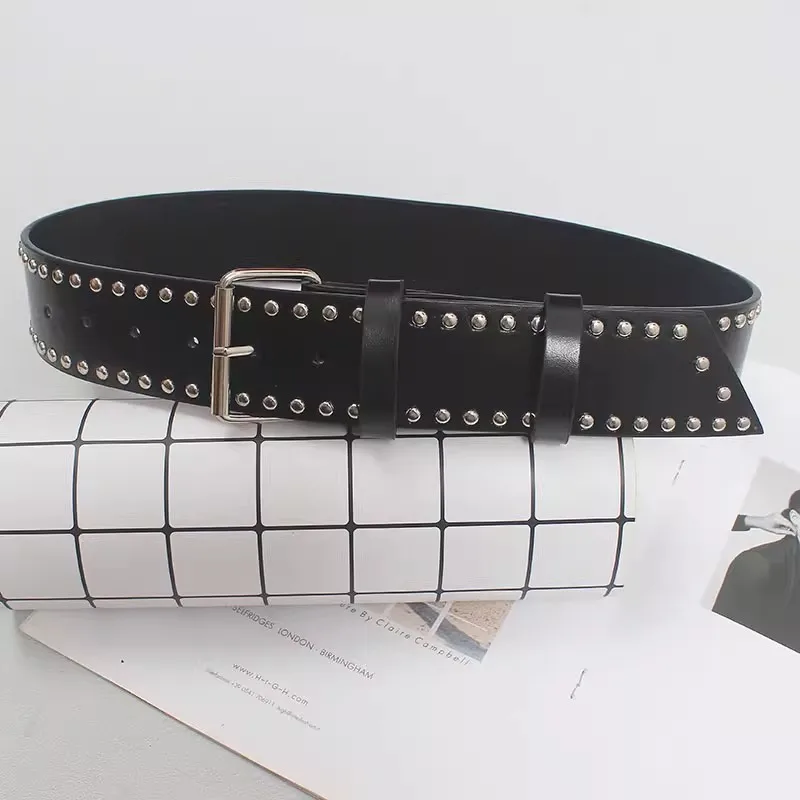 ผู้หญิงรันเวย์แฟชั่นของแท้หนัง Rivet Punk Cummerbunds หญิงชุดรัดตัวเข็มขัดตกแต่งเข็มขัดกว้าง R2671