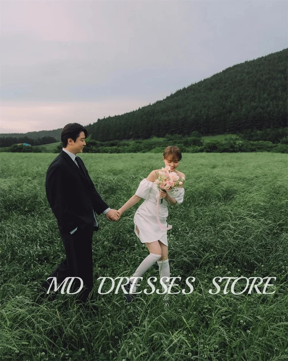 シングル半袖ウェディングドレス,空中ブランコ,裸の肩,錯覚,韓国の写真撮影