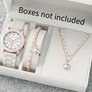 3pcs/set Women's Casual Fashion Quartz Watch Analog Silicone Band Wrist Watch & Faux Pearl Jewelry Set, Gift For Mom Her