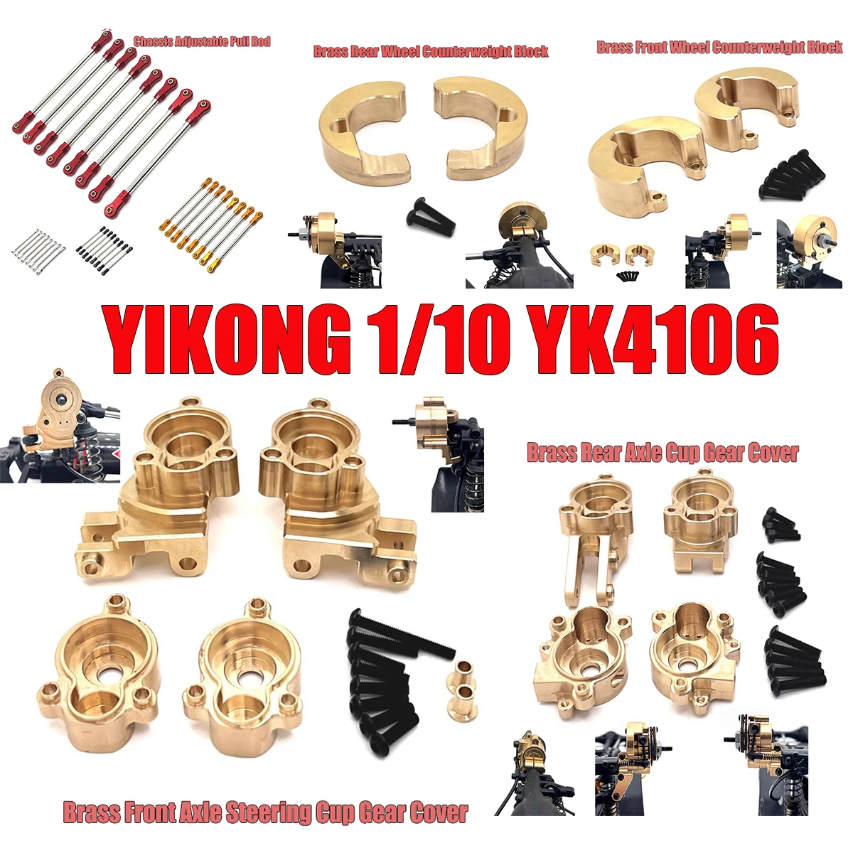 YIKONG 1/10 YK4106 RC Car Parts Metal Upgrade Brass Front and Rear Axle Steering Cup Gear Cover Rear Wheel Counterweight Block