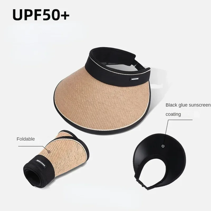 

UPF50+ Sun Hats Women Summer Outdoor Sports UV Protection Black Glue Sunscreen Coating Straw Hat Foldable Empty Roof Lady Girls