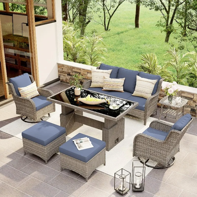 Outdoor Furniture Set Wicker Patio Conversation Set 7-Piece Outdoor Patio Sectional Furniture Set with Lift Dining Table