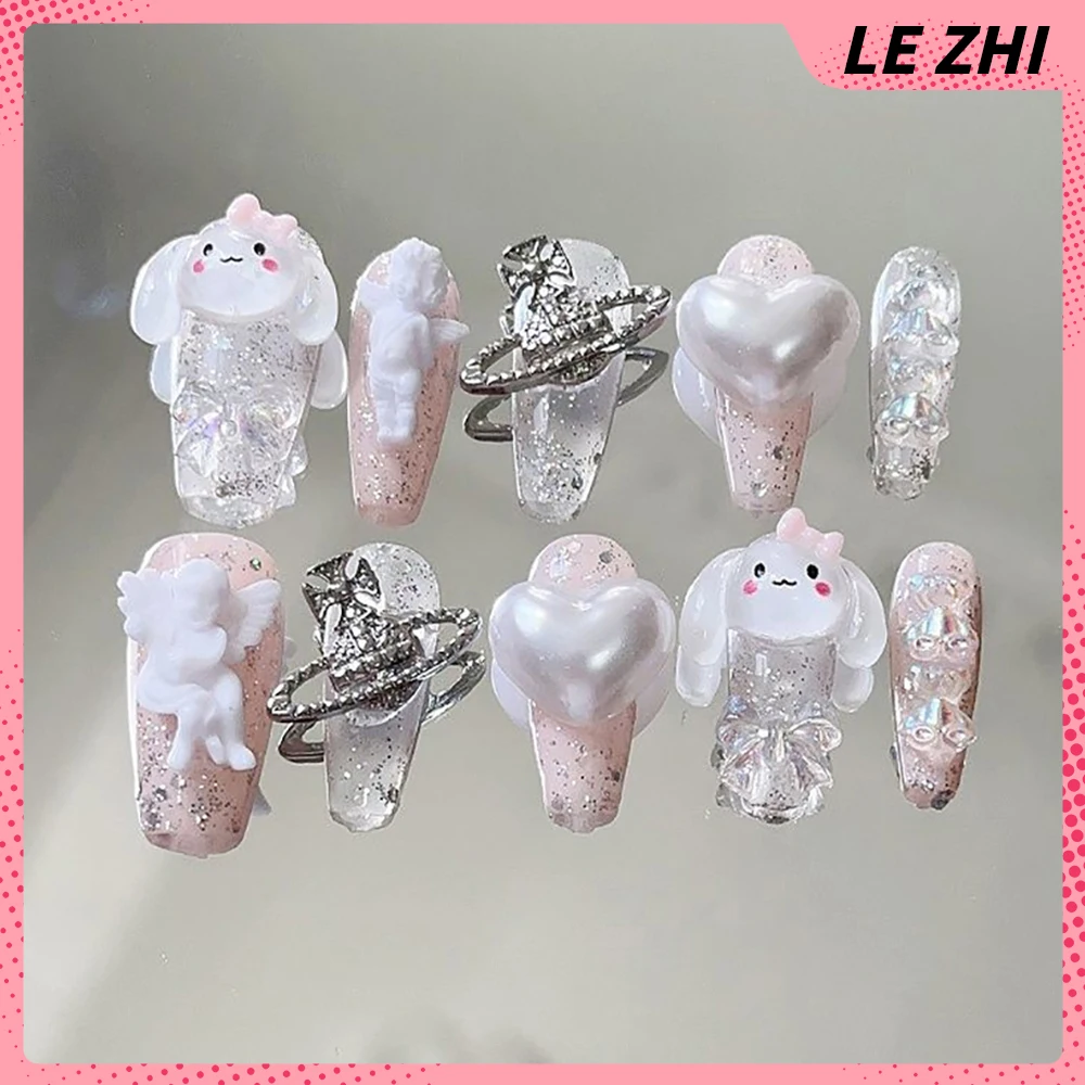 10Pcs Hot Sale Sanrio Cinnamoroll Hello Kitty Kuromi Long Coffin Short Round Fake Nail Mymelody Handmade Removable Nail Art