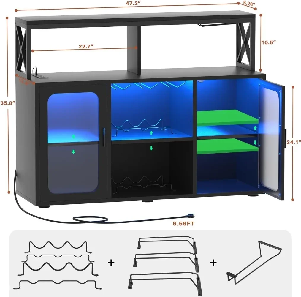 Family Wine Cabinet  Built-In USB Outlet, Liquor Cabinet with Led Lights and Glass Holder, Wine Cabinet with Racks -S1, Black