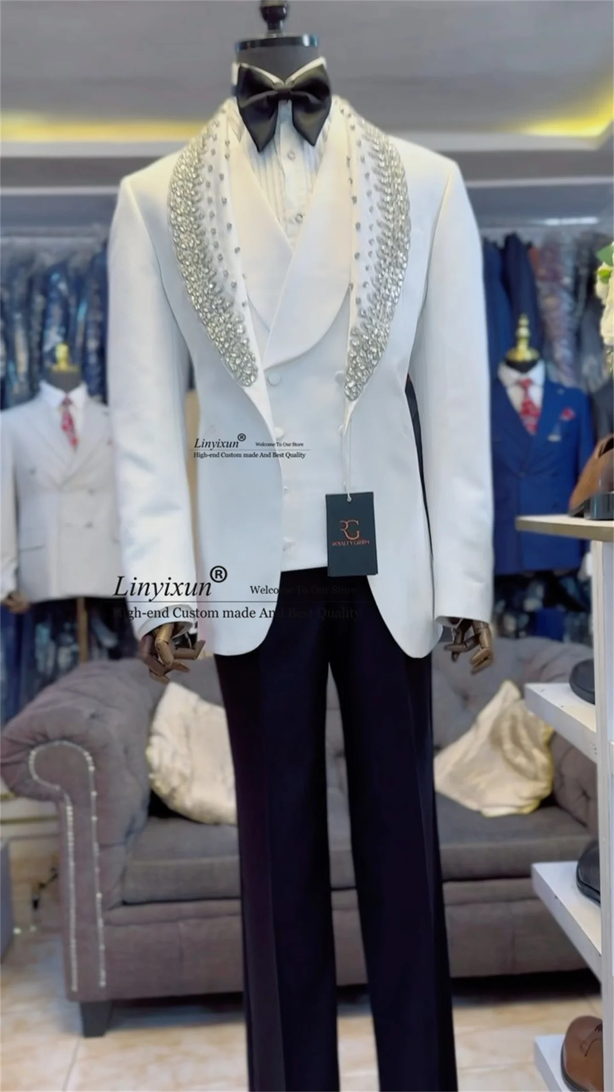 

Sparkly Rhinestone Crystal Wedding Suits For Men 3 Pieces Sets Groom Male Blazers Customized Slim Party Tuxedos Costume Homme
