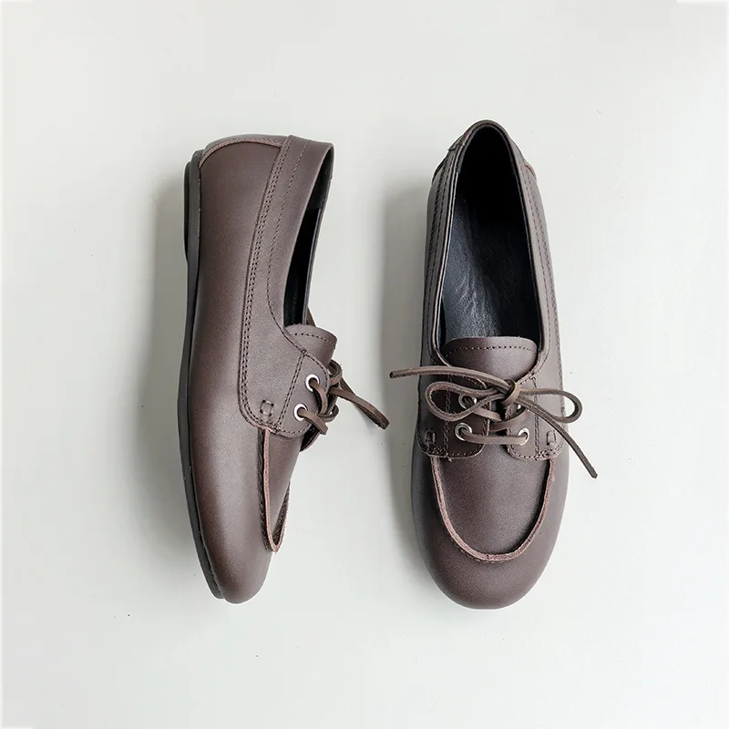Dave&di Minimalist Genuine Leather Women's Shoes Vintage Loafers Slip On Lazy Shoes Lace Up Woman Shoes Shoes For Woman Loafers
