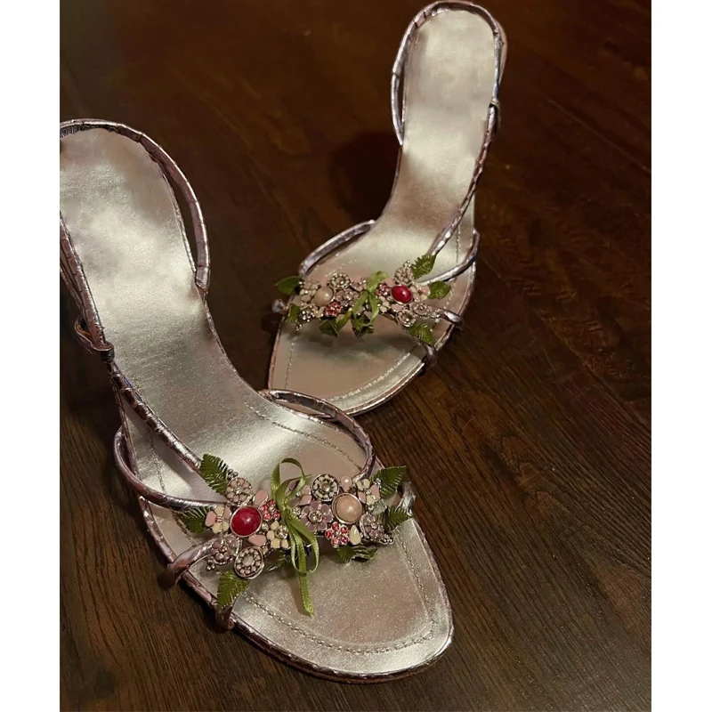 

Jeweled Strappy Slingback Stiletto Sandals Woman Summer 2026 Bling Crystal Open Toe Slip-On Party Dress Wedding Evening Shoes