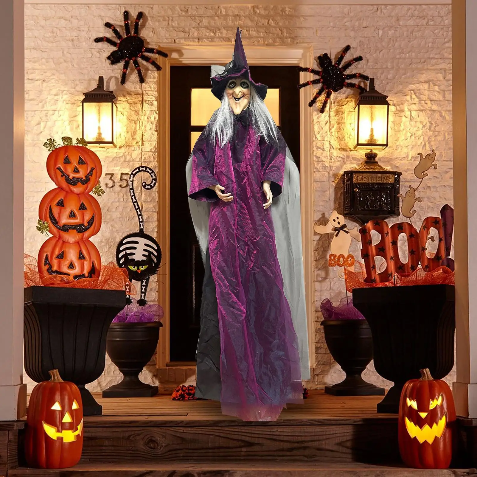 180cm Halloween Life Size Talking Witch Purple Outdoor Spooky Scary Witch Scary Props For Secret Room Outdoor Yard Garden Party