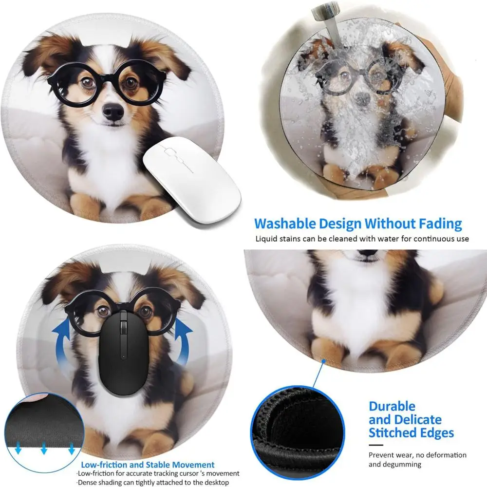

8-Inch Cute Dog with Glasses Mousepad, Comfortable Gaming Surface, Durable Stitched Edges, Non-Slip Rubber Base, Waterproof Comp