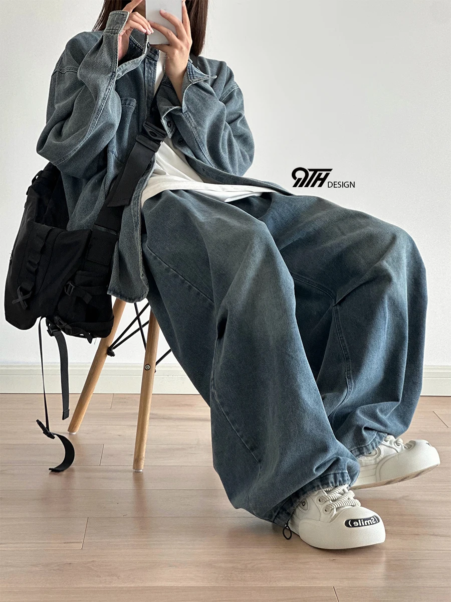 

Брюки-карго из денима с высокой талией, широкими штанинами, на шнурке, свободного кроя, в пол, для весны, осени и зимы, хлопковые