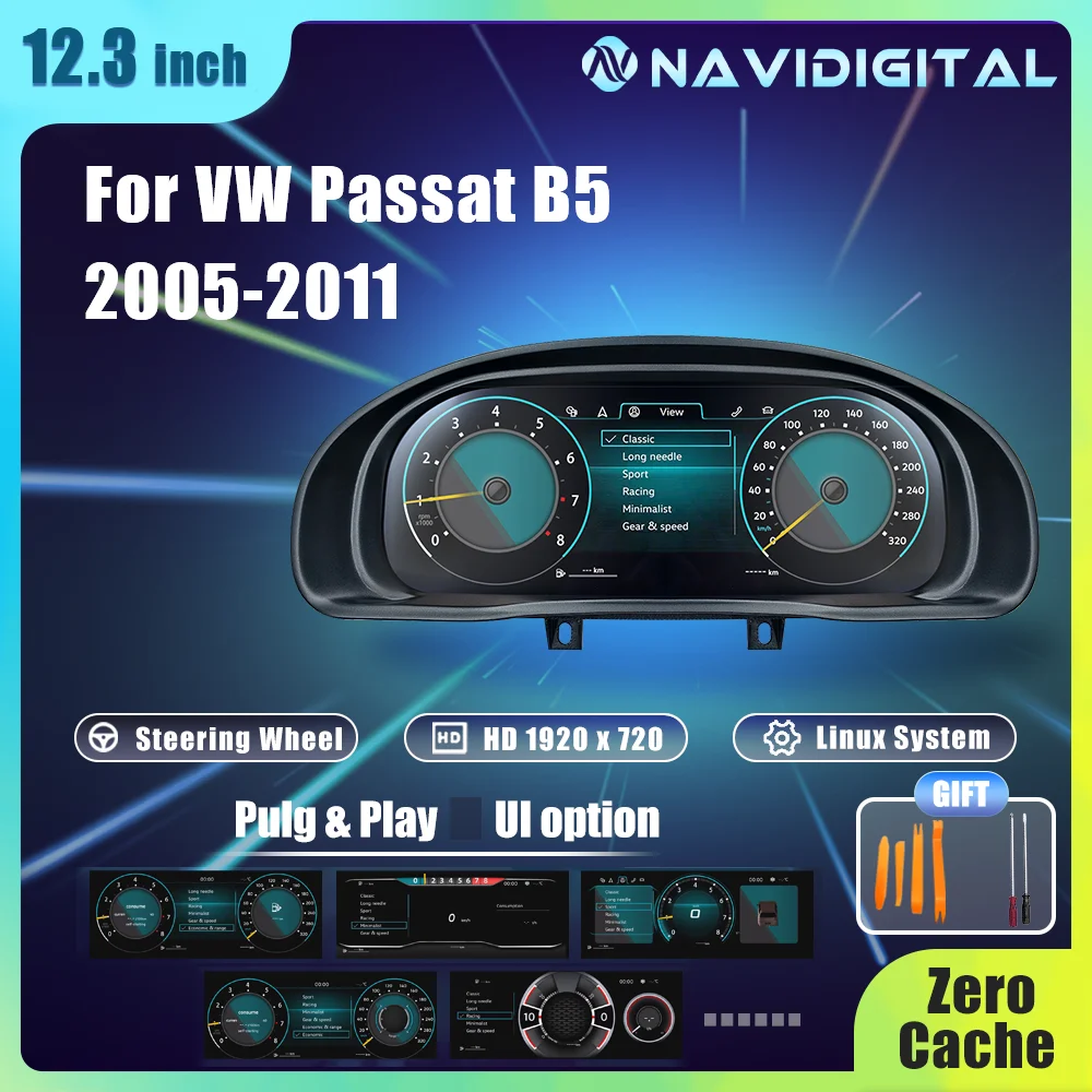 Navidigital 12,3'' LCD-Digital-Armaturenbrett für VW Passat B5 B5.5 Skoda Superb MK1 Baujahre 1996-2006 mit virtueller Carplay-Unterstützung und HDMI-Funktionen