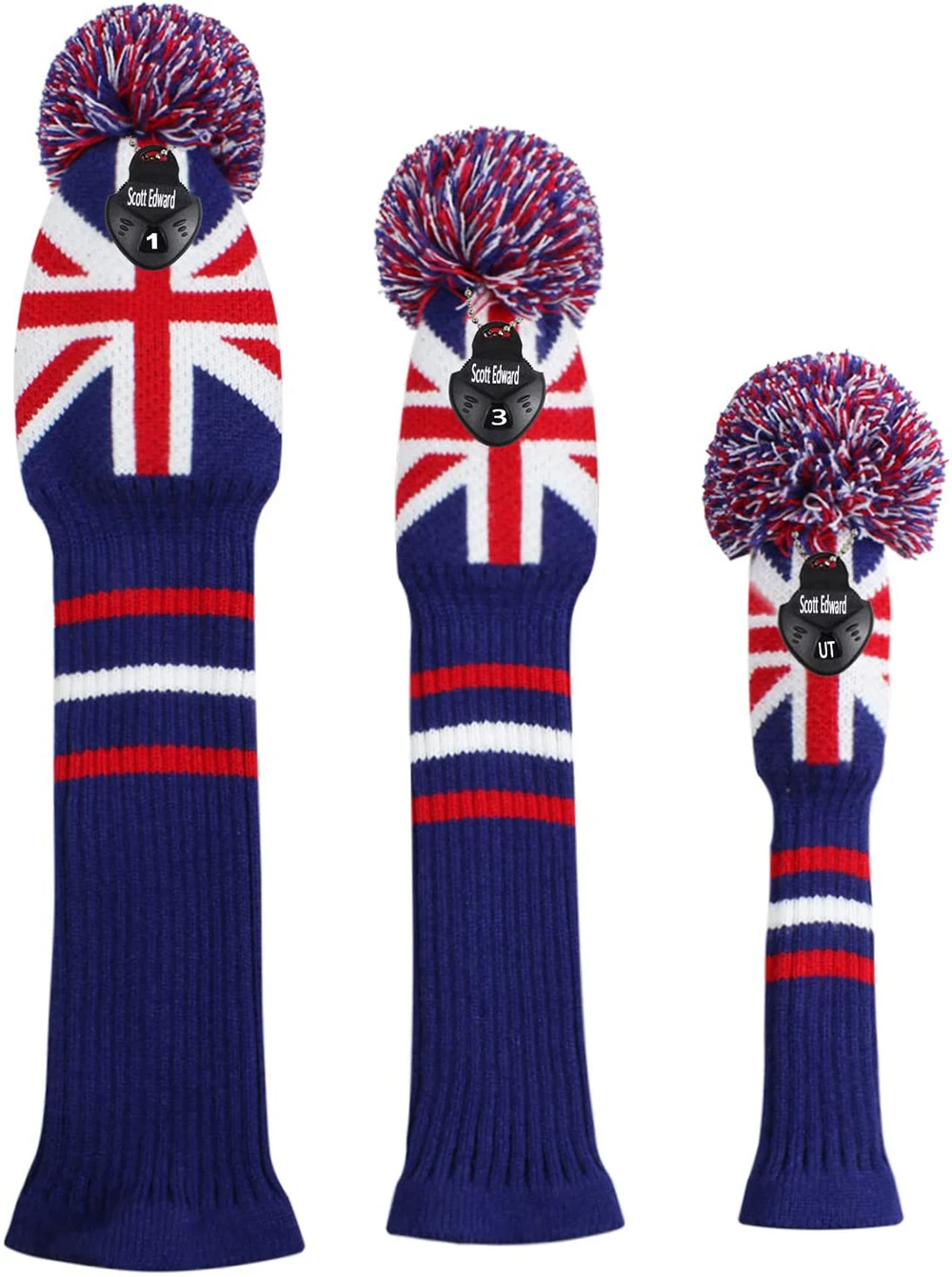 Golf Knit Wood Headcover, UK Flag Pattern Knit Golf Club Cover for Driver Fairway Hybrid, Personalized Golf Protector for Golfer