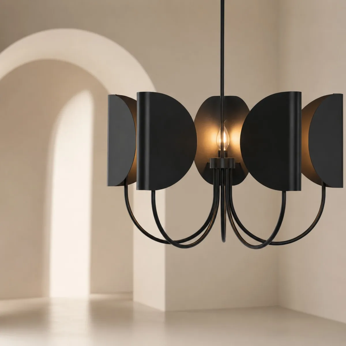 Modern 2026 Black Metal Semicircle Chandelier Mid Century Half Moon Pendant Light for Living Room Dining Island Hanging Lamp